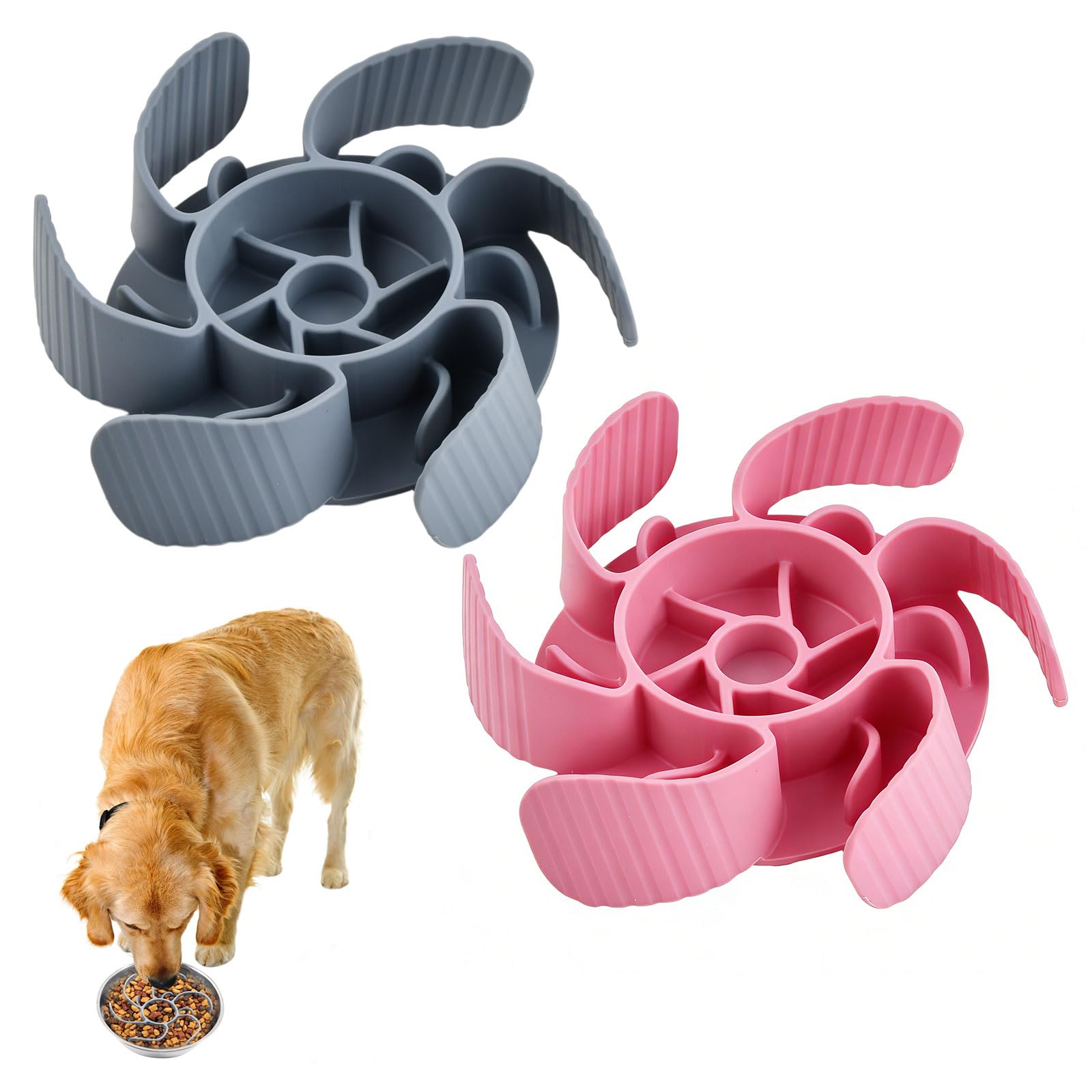 2 Pcs Adjustable Slow Feeder Dog Bowl Insert, Puppy Slow Feeder Bowl with Suction Cups, Cuttable Silicone Slow Feeder for Metal, Raised & Ceramic Dog Bowls, Space Grey + Princess Pink