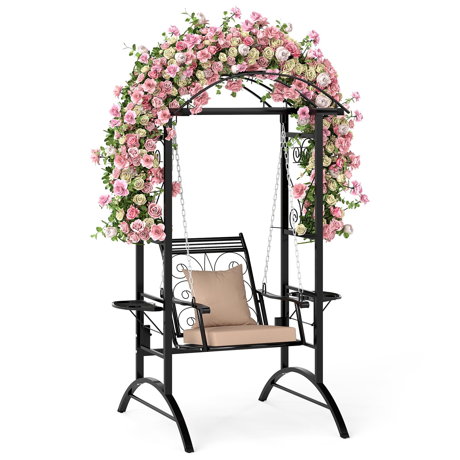 RELAX4LIFE Outdoor Swing Chair with Stand, Heavy-Duty Steel Hanging Hammock Chair with Side Table, Cushion and Pillow, Outdoor Single Swing with for Balcony Yard Porch (Beige+black, H Frame)