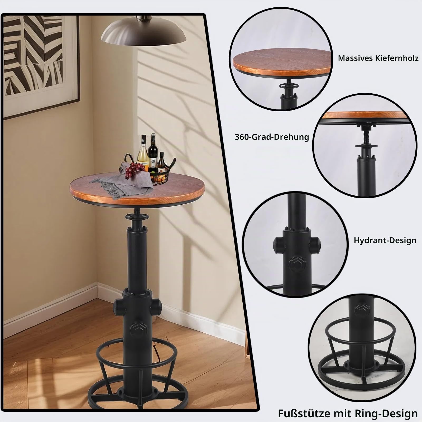 Vintage Bistrotisch mit verstellbarer Höhe von 98 cm bis 112 cm, industrieller Bartisch für Küche, Esszimmer, Café, Pub, Büro, drehbar, runde Holzplatte für 2-3 Personen