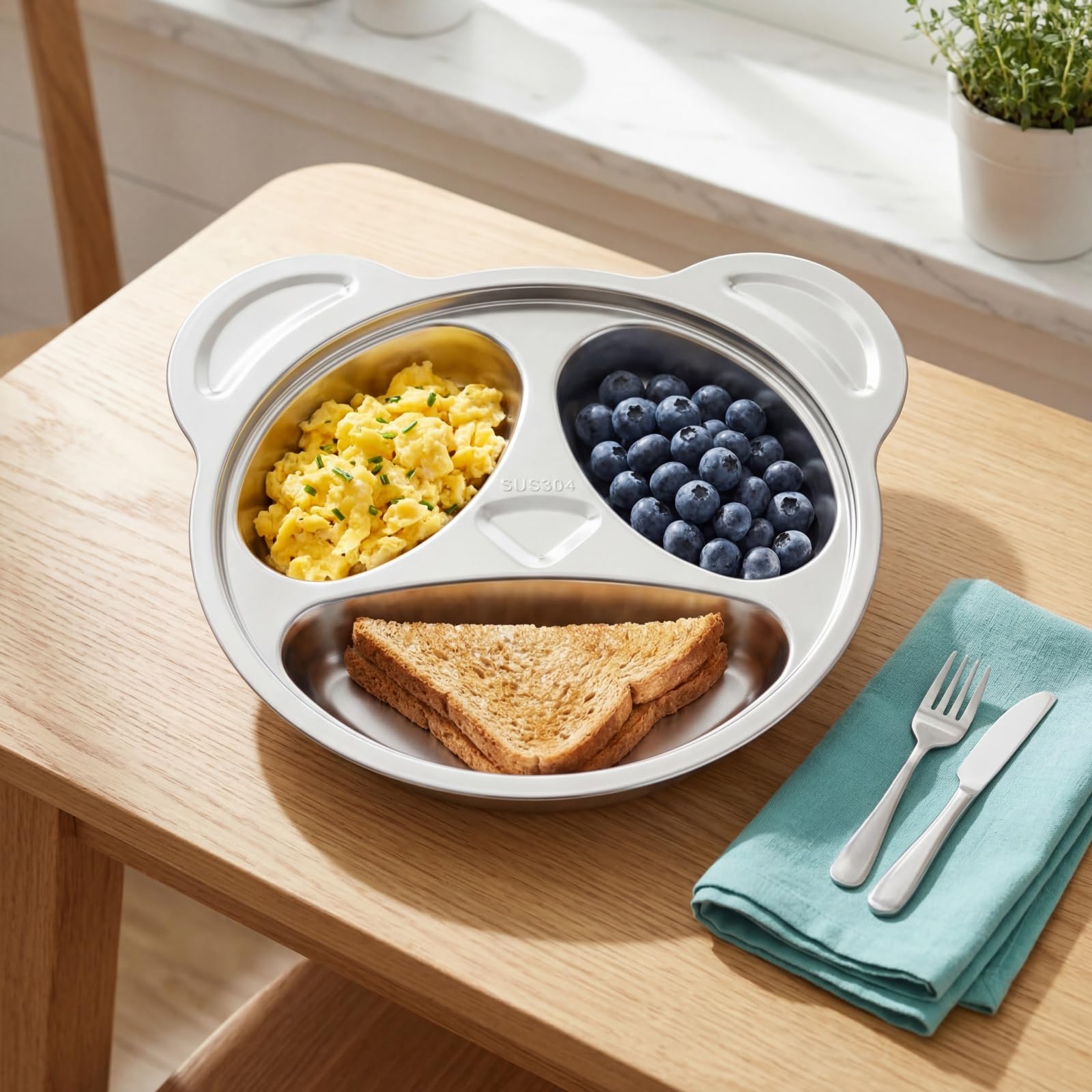 Lyellfe Juego de 4 platos divididos de acero inoxidable, 3 secciones irrompibles para niños, lindos platos divididos en forma de panda para almuerzo, control de porciones, camping