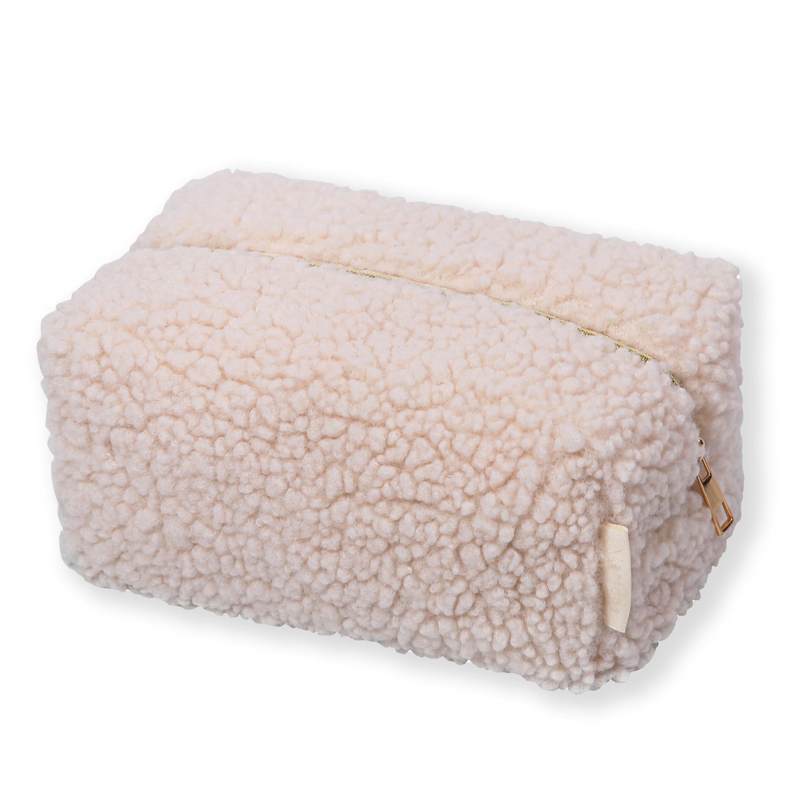 VEridaE Makeup Bag,Zippered Portable Skincare Product Plush Storage Bag, Fashionable terry cloth Aesthetic Beige Fluffy Makeup Bag, Mini small bag (