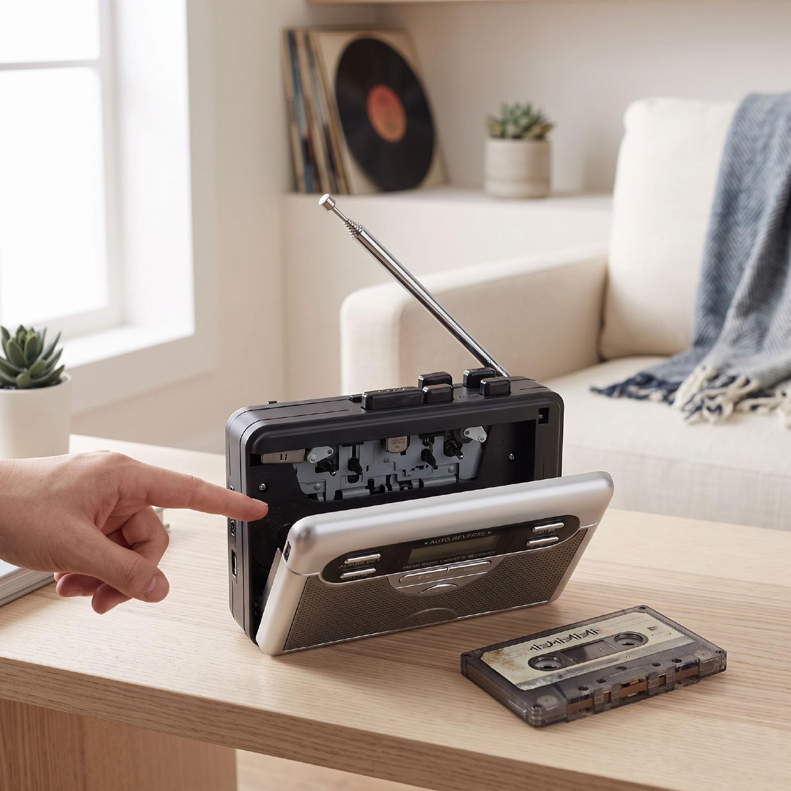 Przenośny Magnetofon Kasetowy z Radiem AM FM | Automatyczne Zatrzymanie / Bieg Wsteczny, Wbudowany Głośnik, Wyświetlacz LED, Zegar / Alarm, Słuchawki 3,5 Mm, Przenośny