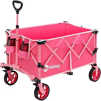 Pink Collapsible Foldable Wagon with 330lbs Weight Capacity, Heavy Duty Folding Wagon Cart with Big All-Terrain Wheels & Drink Holders. Pink