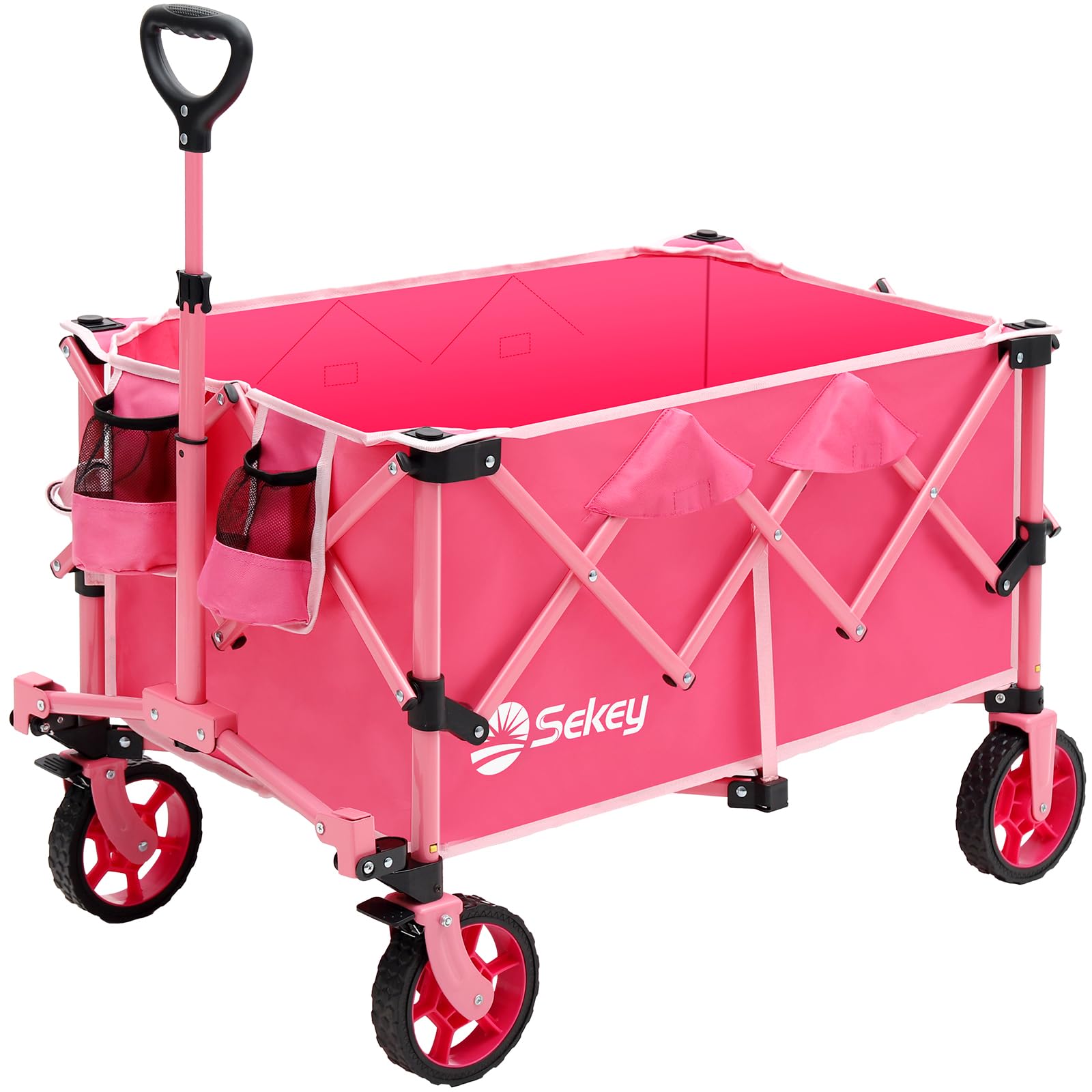 Pink Collapsible Foldable Wagon with 330lbs Weight Capacity, Heavy Duty Folding Wagon Cart with Big All-Terrain Wheels & Drink Holders. Pink