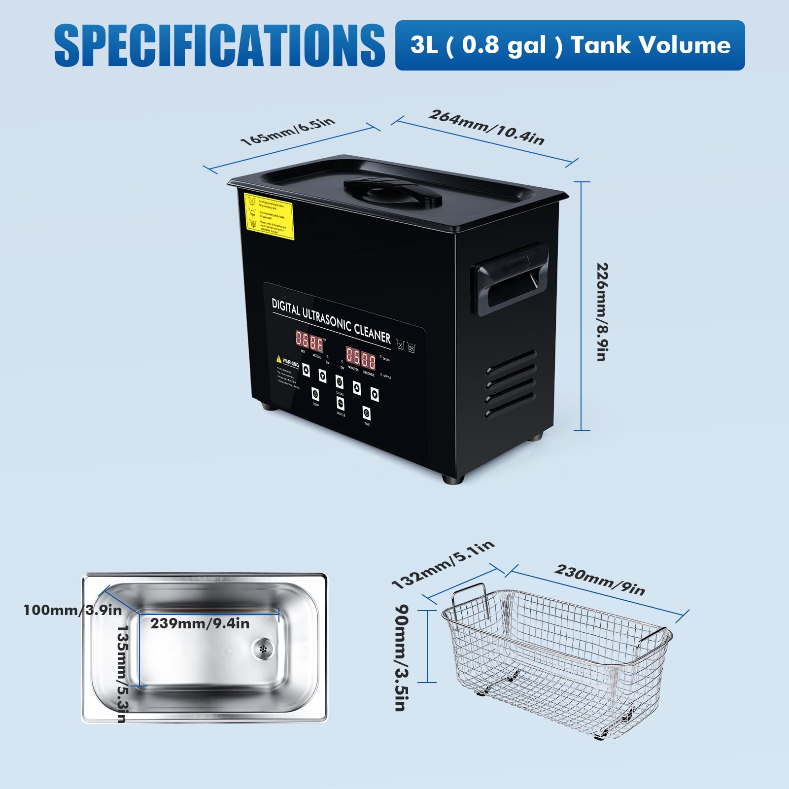 3L Pulitore ad Ultrasuoni con Riscaldamento e Timer, 40KHz 120W Lavatrice ad Ultrasuoni con Cesto & Coperchio, Interno in Acciaio Inox 304, per Attrezzi Pezzi Auto