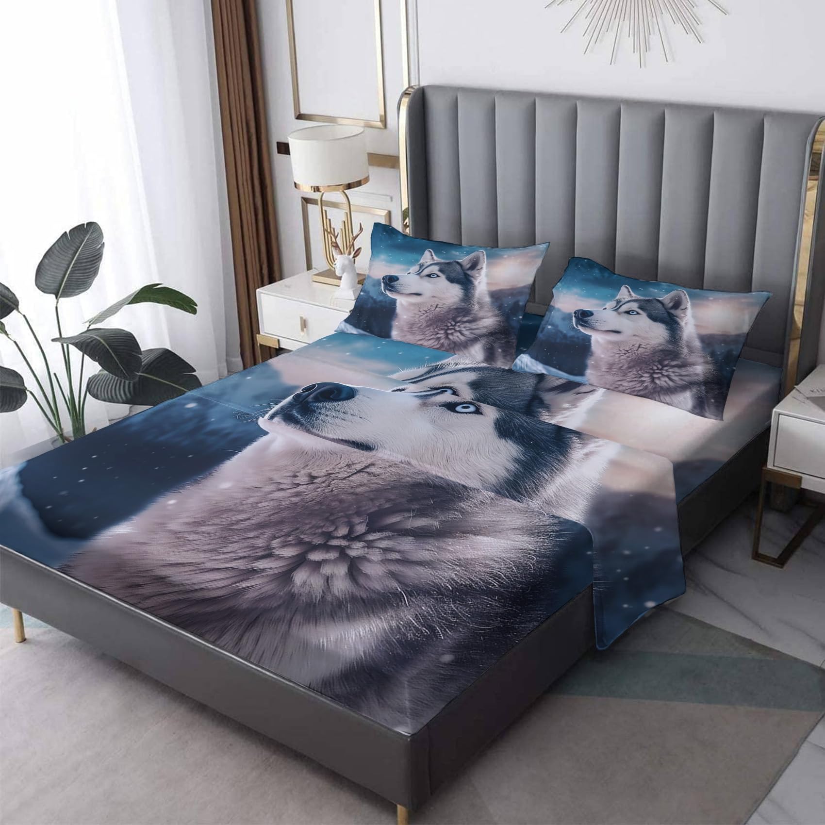 Zvynqour California King Sheet Sets Husky Bed Sheets - Siberian Dog Deep Pocket Fitted Sheets & Flat Sheets & Pillowcases 4 Piece Set - Puppy Bedding & Decor - Soft Cosy Microfibe
