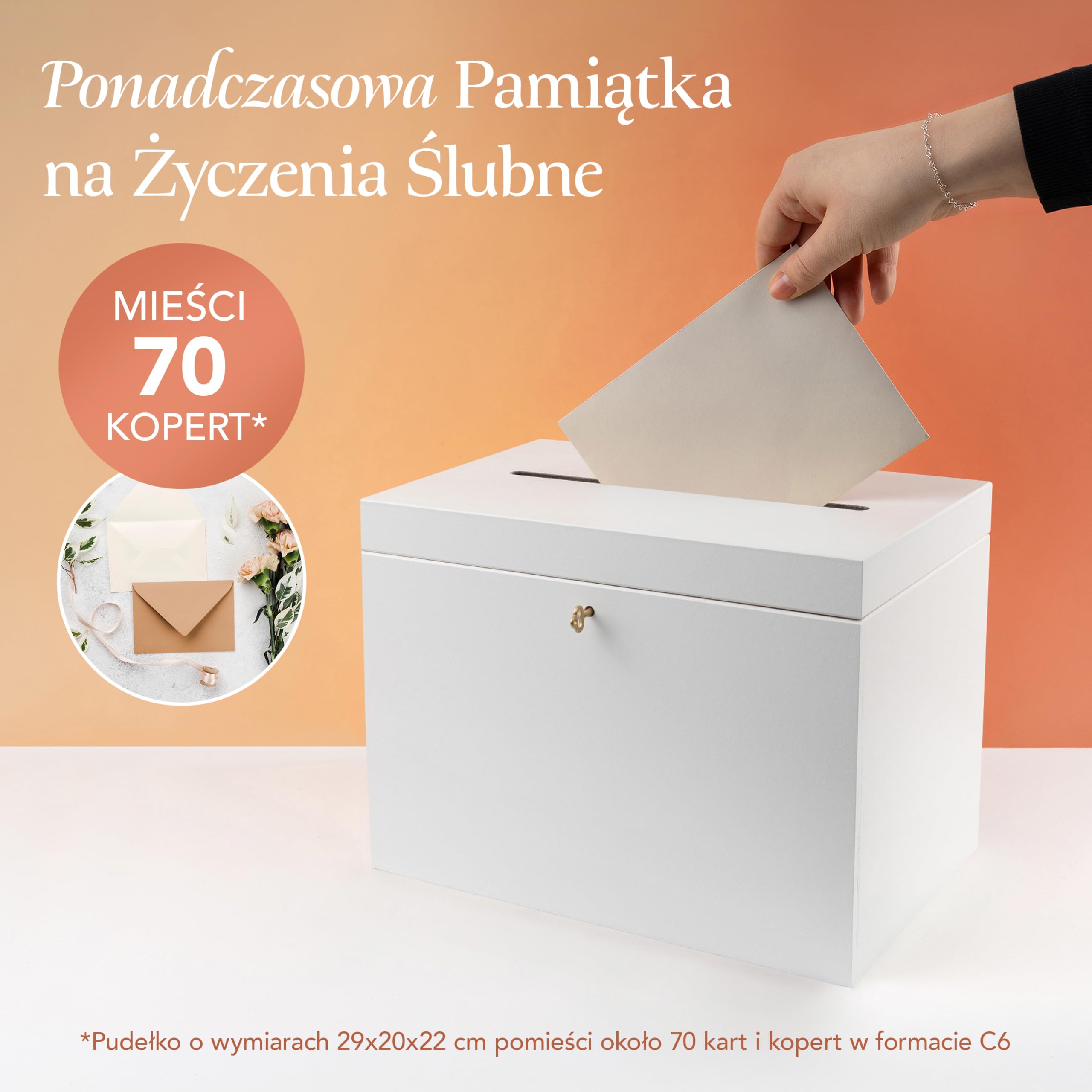 Creative Deco Pudełko Drewniane na Koperty Ślubne Białe | 29 x 20 x 22 cm | Niemalowane Naturalne Drewno | z Pokrywą i Kluczykiem | Skrzynka na Specjalne Okazje, Urodziny, Ślub do Dekoracji