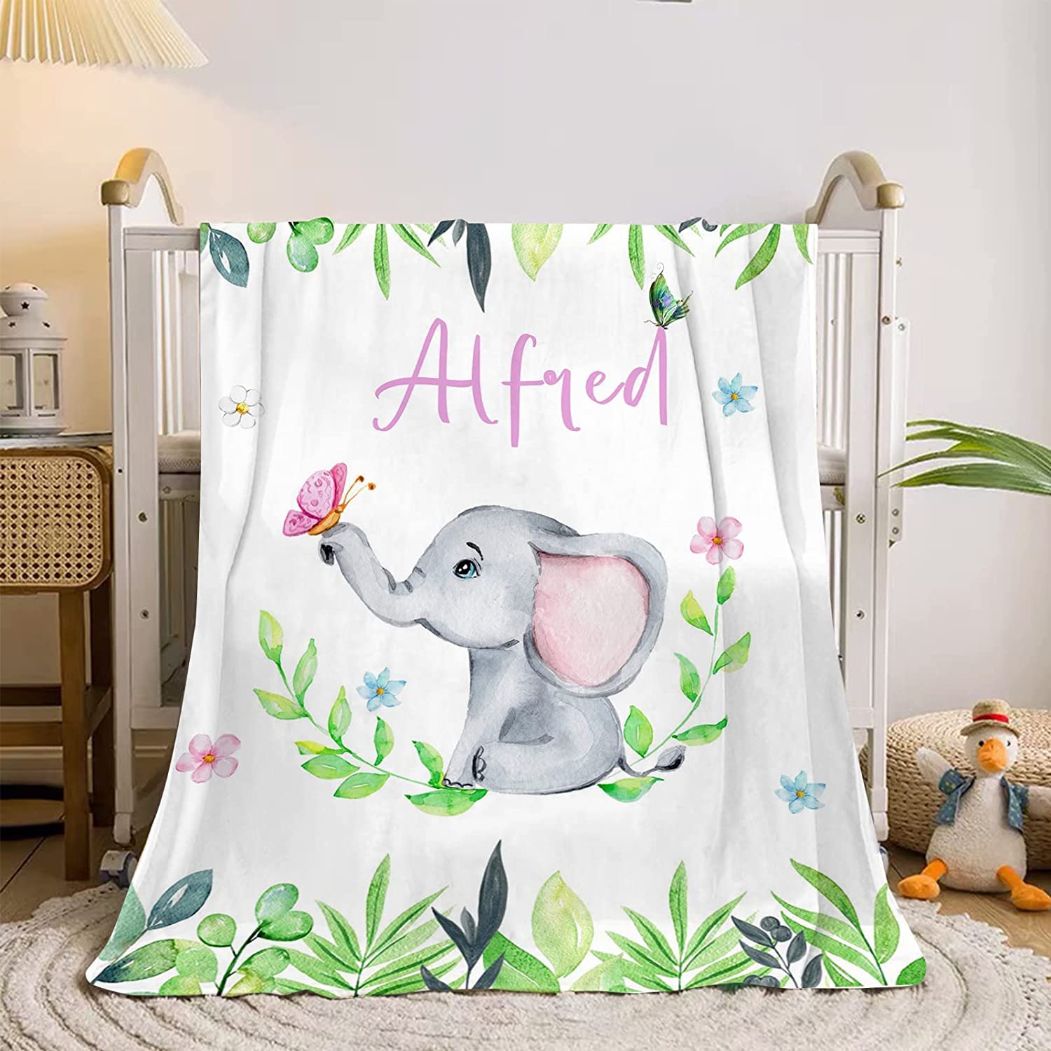 Ilpaladino C-5 Personalised Baby Blankets, Custom Baby Blankets With Name, Soft & Lightweight Flannel Nursery Blankets, Lovely Elephant Floral Baby Newborn Blanket Gift For Babies (C-5)