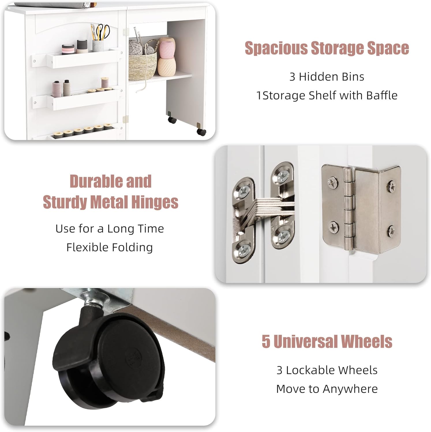 Nærbillede view of the sewing table's features including storage bins, metal hinges, and casters