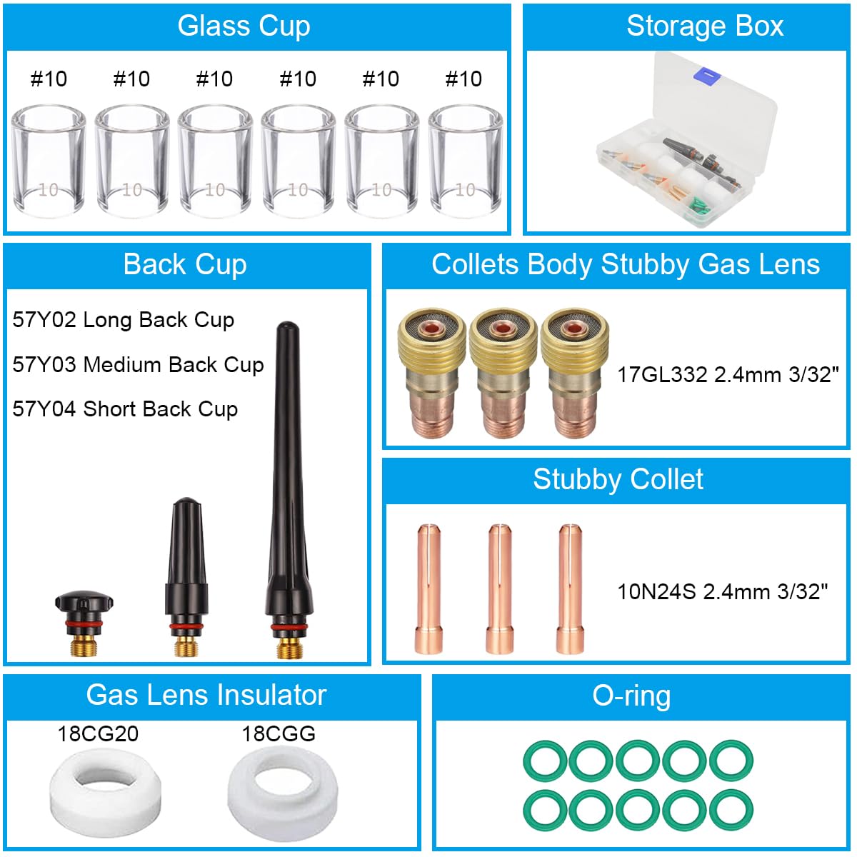 29 piezas TIG Stubby Gas Lens #10 para kit de copa de vidrio Pyrex para WP-17/18/26 Kit de accesorios de antorcha de soldadura TIG, cuerpo de pinzas, pinzas, copa trasera, junta de copa