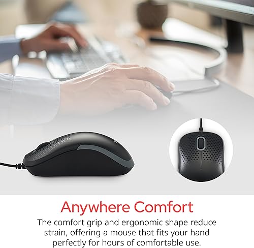 Miniatura 7 de Verbatim Ratón óptico silencioso con cable USB, mouse de clic silencioso y silencioso con cable para computadora para Mac y PC, color negro