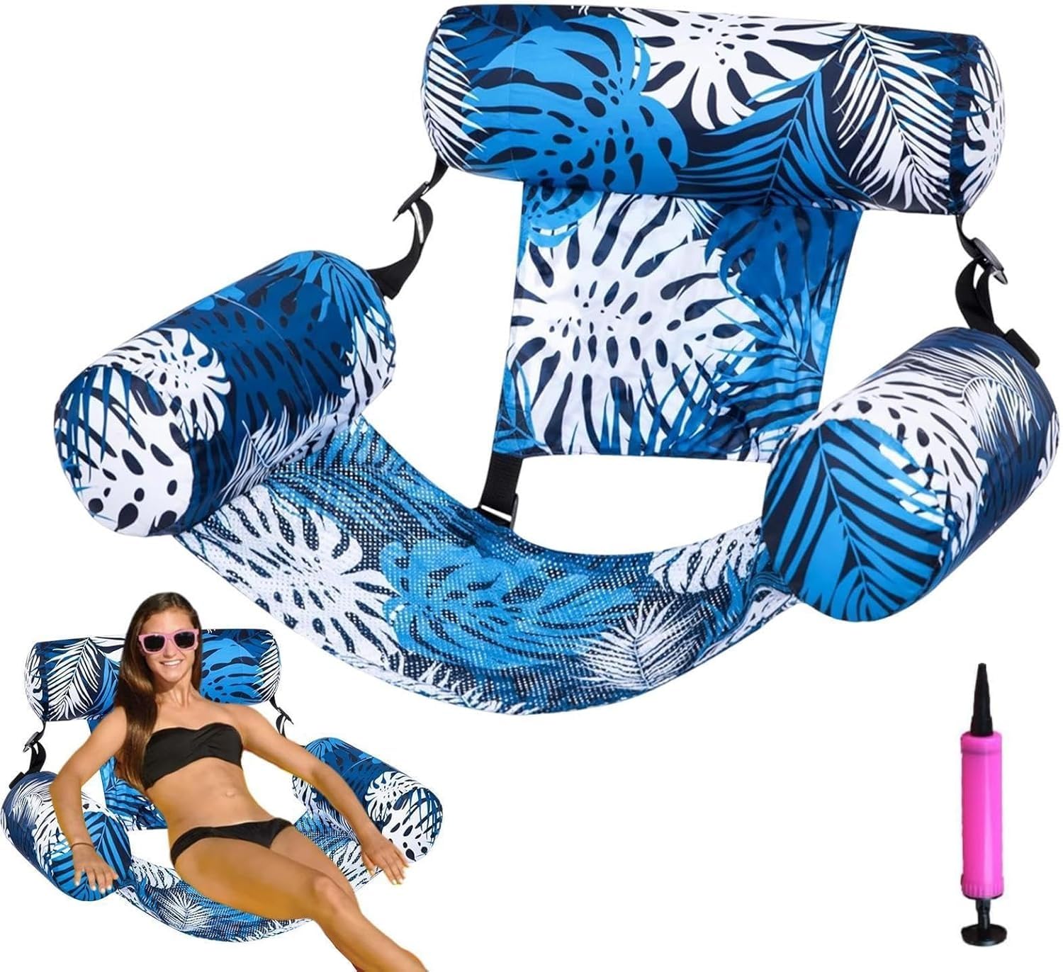 Pool Floats Chairs Adult,Inflatable Pool Lounge,Plant Pattern Floating Mat Hammock Includes PumpBlow up Water Chairs Noodles rafts for Party Summer Water Beach Fun (Blue)