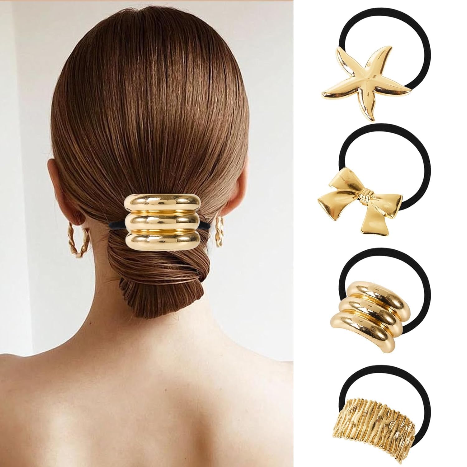 Diversa Elastic Metal Hair Tie for Girls & Women, Metal Ponytail Holders, Geometric Design, Hair Accessories Modern Fashion Rubber Bands, Hair Scrunchie, Gold, Pack of 3