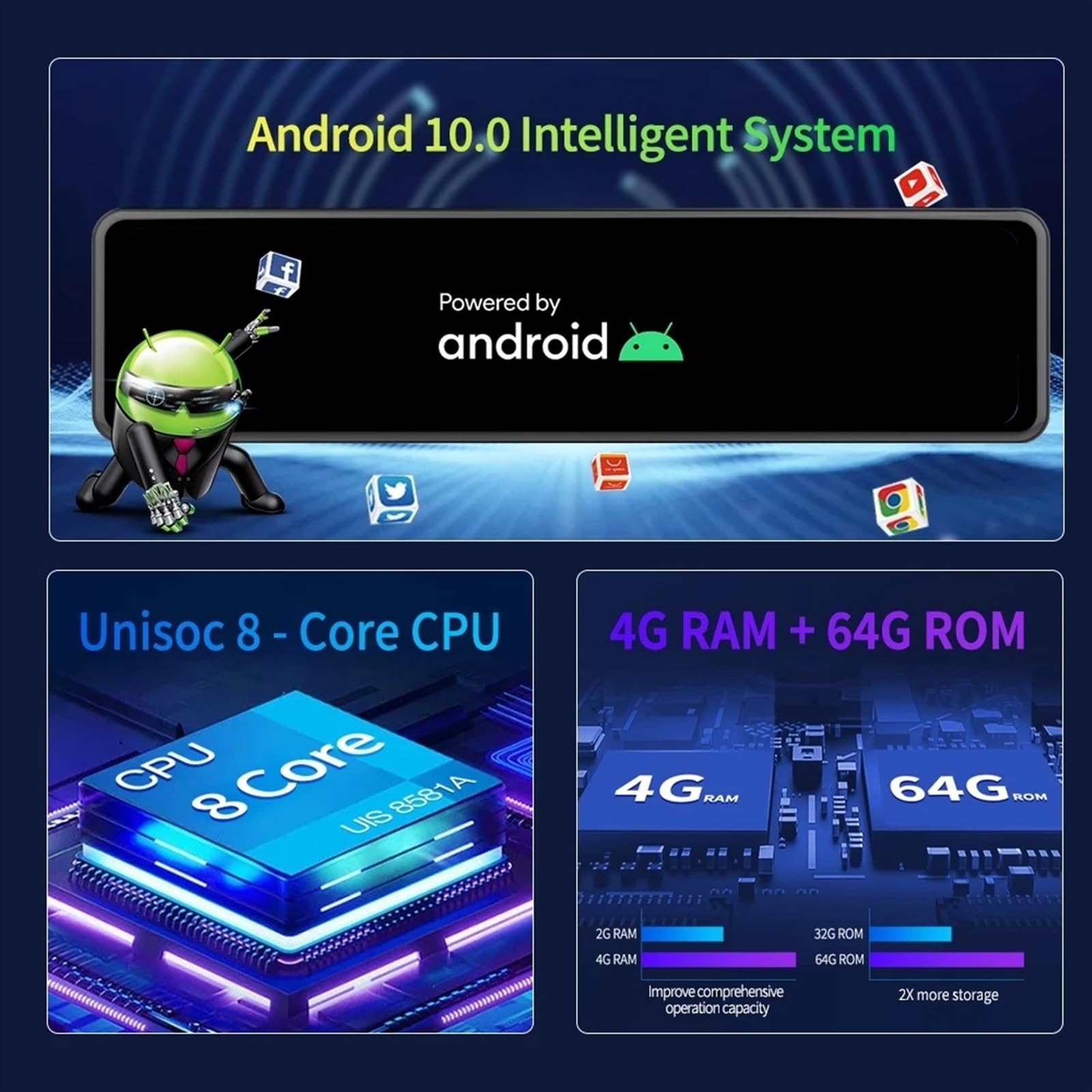 Kamera samochodowa, 4G 10 + 64G 12 Cal samochodowe lusterko wsteczne ADAS FHD rejestrator samochodowy nawigacja GPS kamera samochodowa wideorejestrator(64G Card)