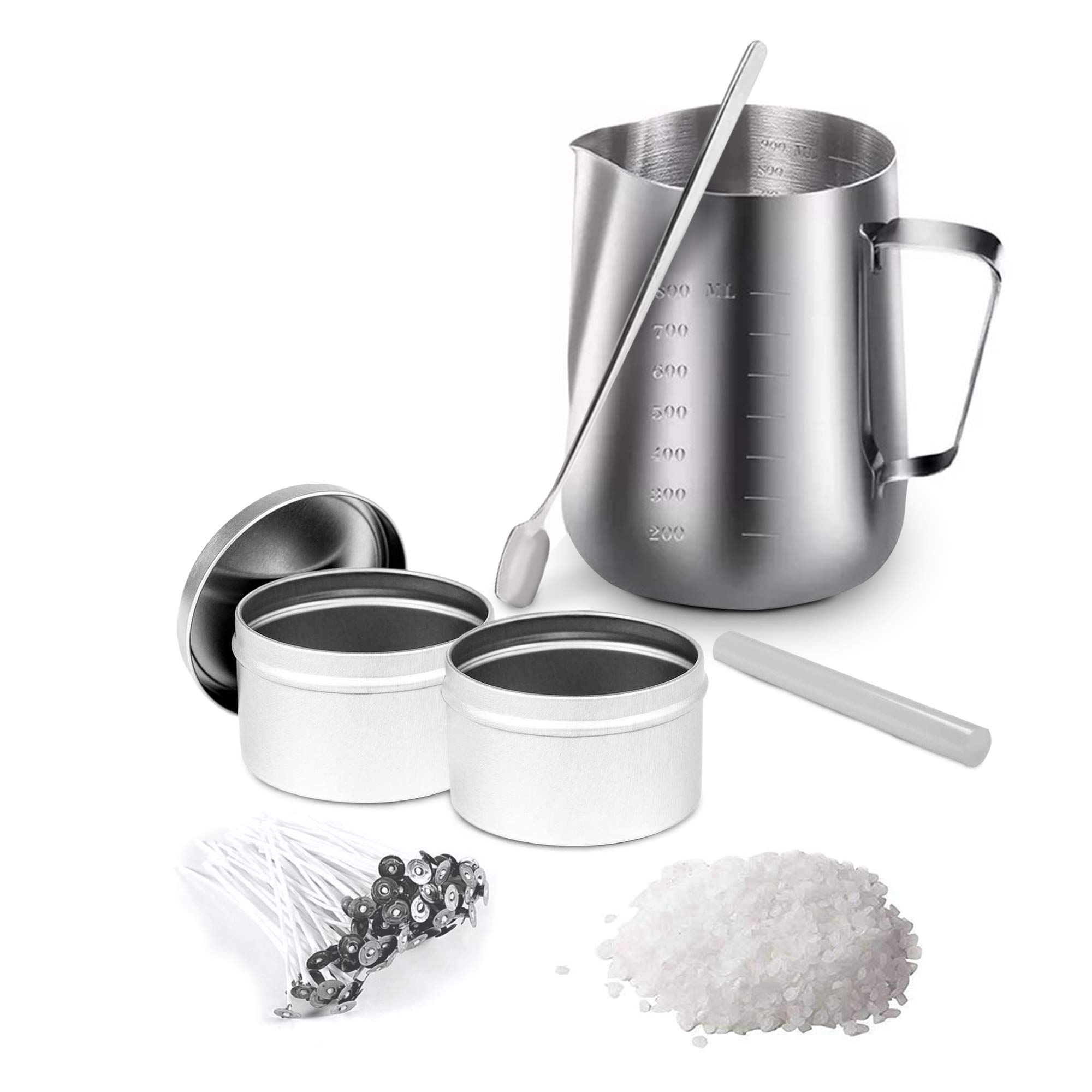AuraDecor Candle Making Kit for DIY Projects, (Includes 1 Wax Pouring Kettle (800 ml), 1/2 Kg Paraffin Wax, 20 Wick (3 inch), 1 Glue Stick, 1 Stirring Spoon & 2 Containers, Silver)-image-24