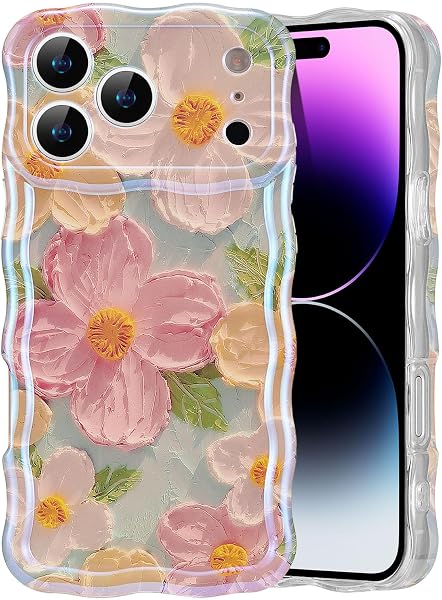 EYZUTAK Case for iPhone 17 Pro, Colorful Retro Oil Painting Printed Flower Laser Glossy Pattern Cute Curly Wave Edge Exquisite Phone Cover Stylish Durable TPU Protective Case for Girl Women-Green - 1