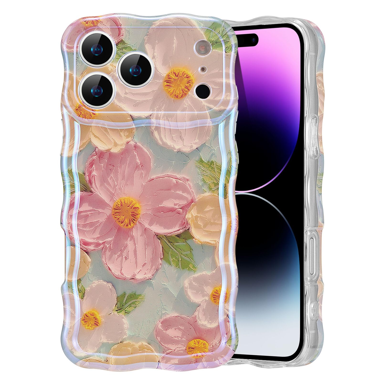 EYZUTAK Case for iPhone 15, Colorful Retro Oil Painting Flower Laser Beam Glossy Pattern Cute Curly Waves Border Exquisite Phone Cover Stylish Durable Soft TPU Protective Case for Girls Women - Green — view 79