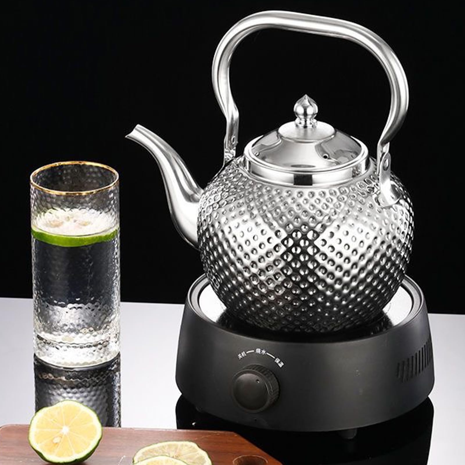 Teiera in acciaio inox martellata sferica per fornelli a induzione, fornello, teiera con colino, 1,2 l