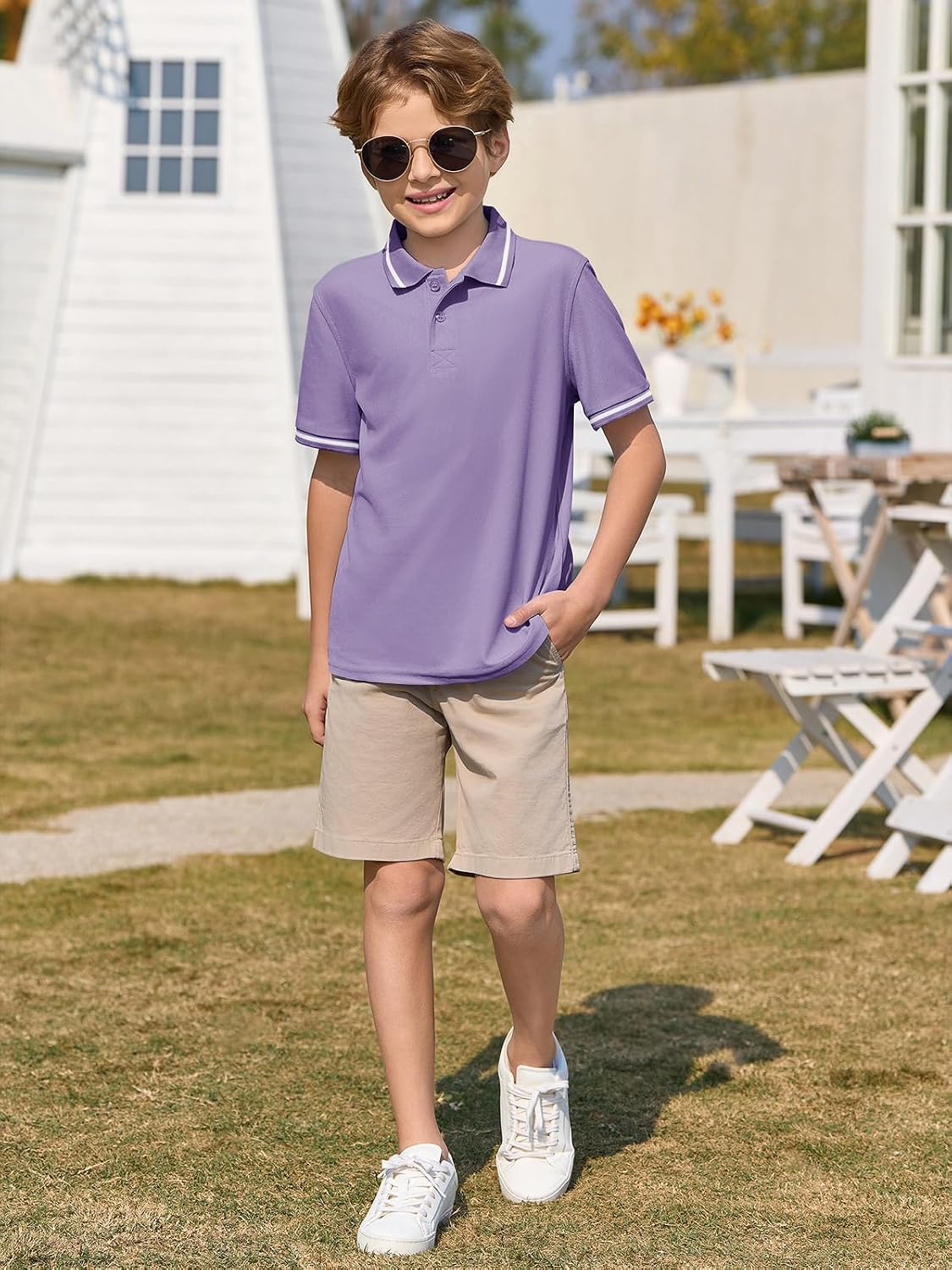 Haloumoning Kids Boys Short Sleeve School Uniform String Pique Polo Shirts 5-14 Years
