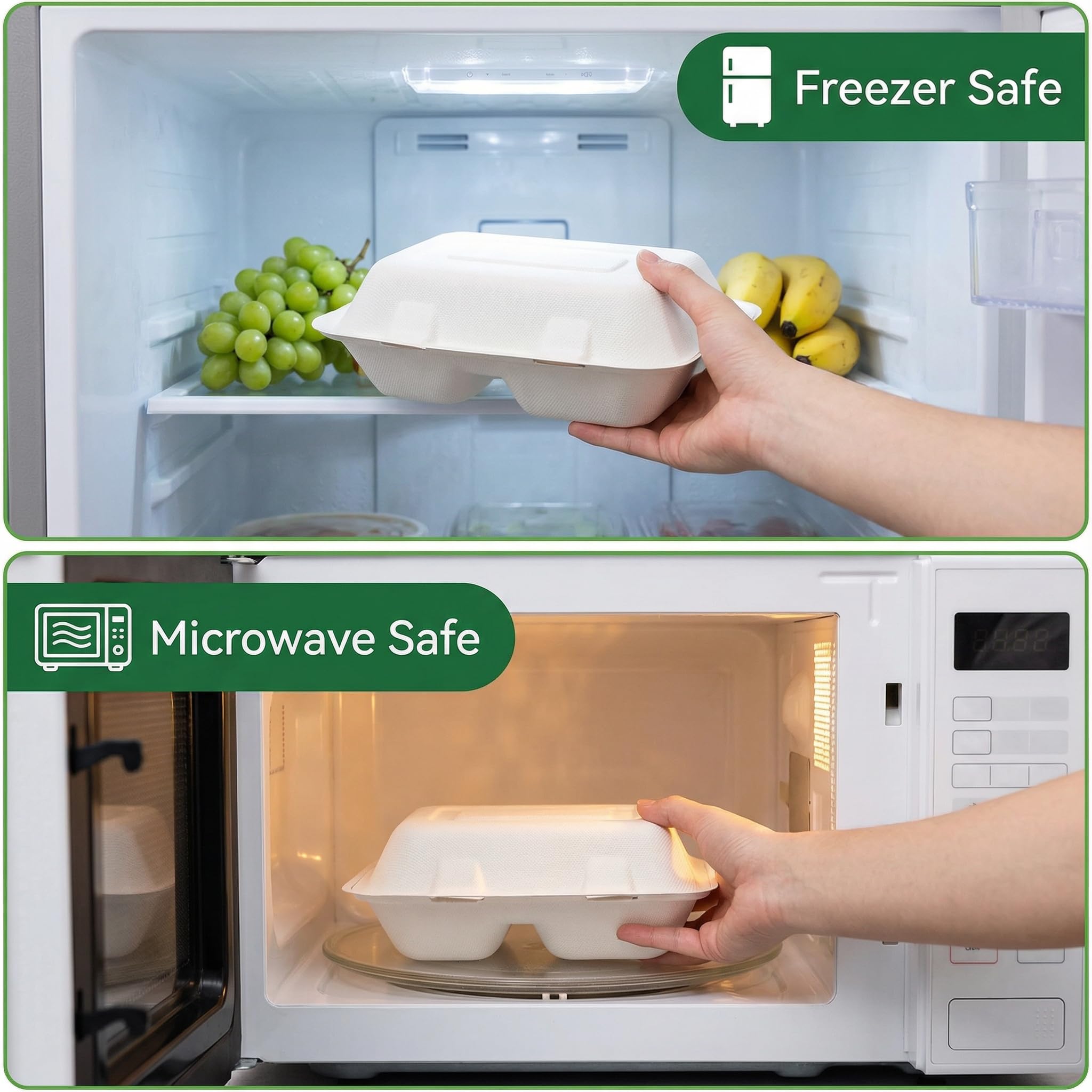 Elsjoy 90 Stück Clamshell Take Out Container, 2 Menübox Einweg 2-geteilt rechteckiger,Weiße lunchboxen mit klappdeckel ideal,Einweg To Go Boxen Zuckerrohr Verpackungen