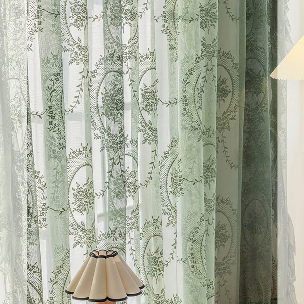 ZZC Lace Sheer Curtains with Scallop Ruffle Edge for Living Room Farmhouse 96 Inch Long Rustic Vintage Floral Embroidered Voile Panels Rod Pocket Window Treatment Set 2 Panels, Green, W52 x L96 Inch