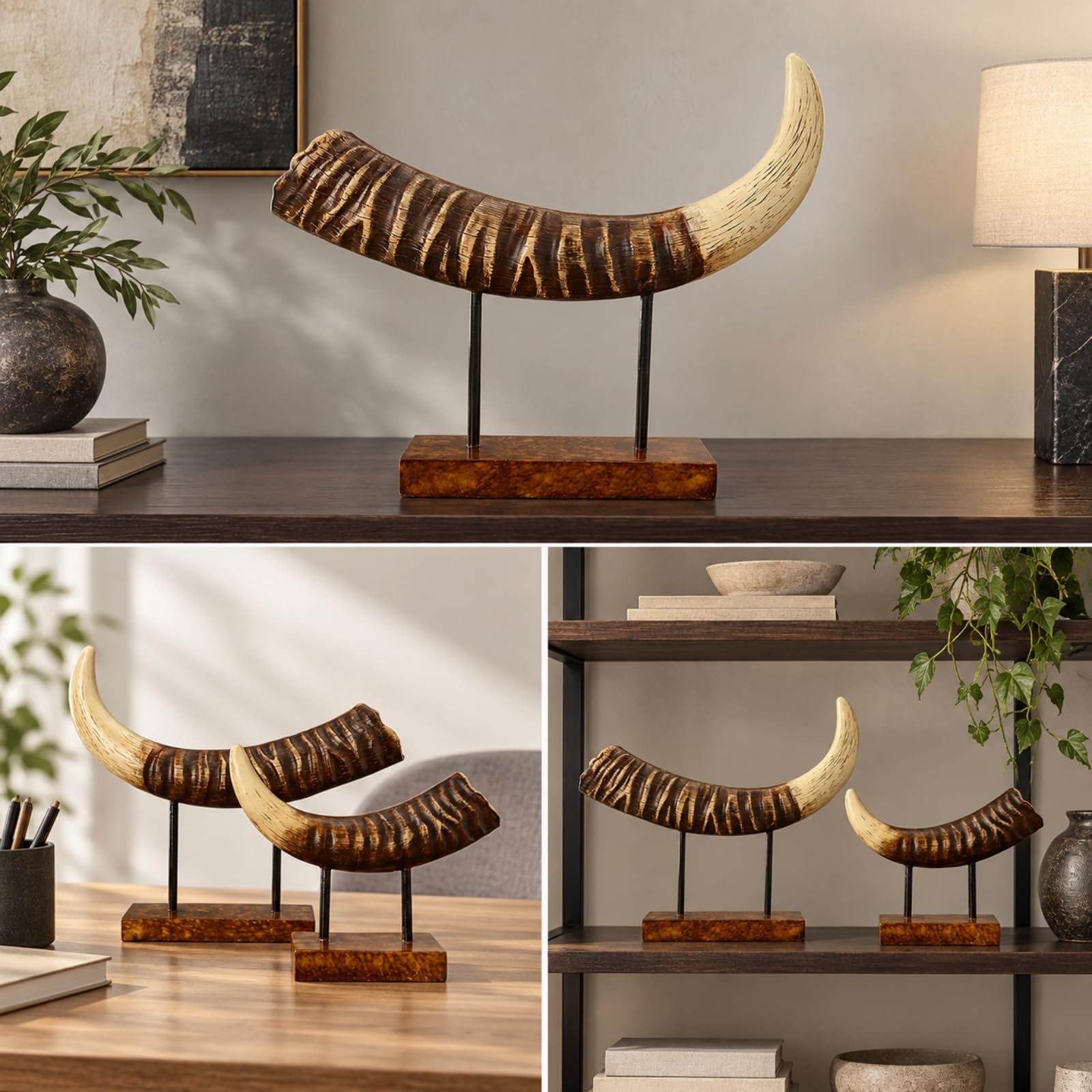 hornförmige Dekoskulptur freistehend Harzskulptur in Hornform kompakt Dekoornament in Hornform für Büro, Ausstellungsraum, 28x8,5x24cm