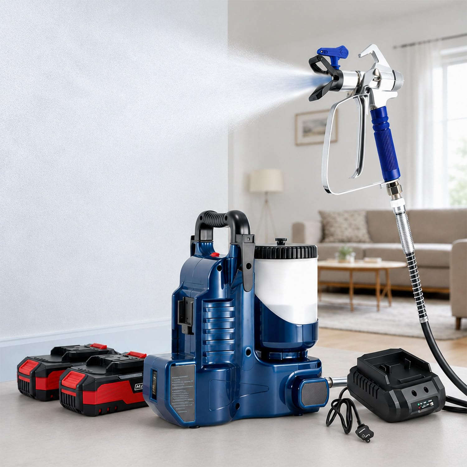 Pistola De Pintura Electrica, Maquina De Pintura Airless, Presión Regulable En 6 Niveles, Con Manguera De 1,80 M Y 2 Baterías, Presión De 12,5 Mpa, Caudal De 2 L/Min, Para Barnices Y Revestimientos