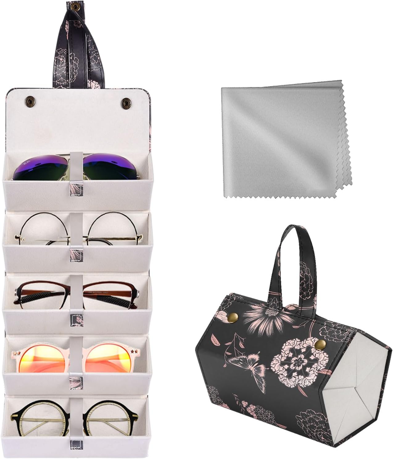 MEGREZ 5 Slots Sunglasses Organizer Box, PU Leather Foldable Woman Eyeglass Case Eyeglass Organizer Storage,Sunglass Holder