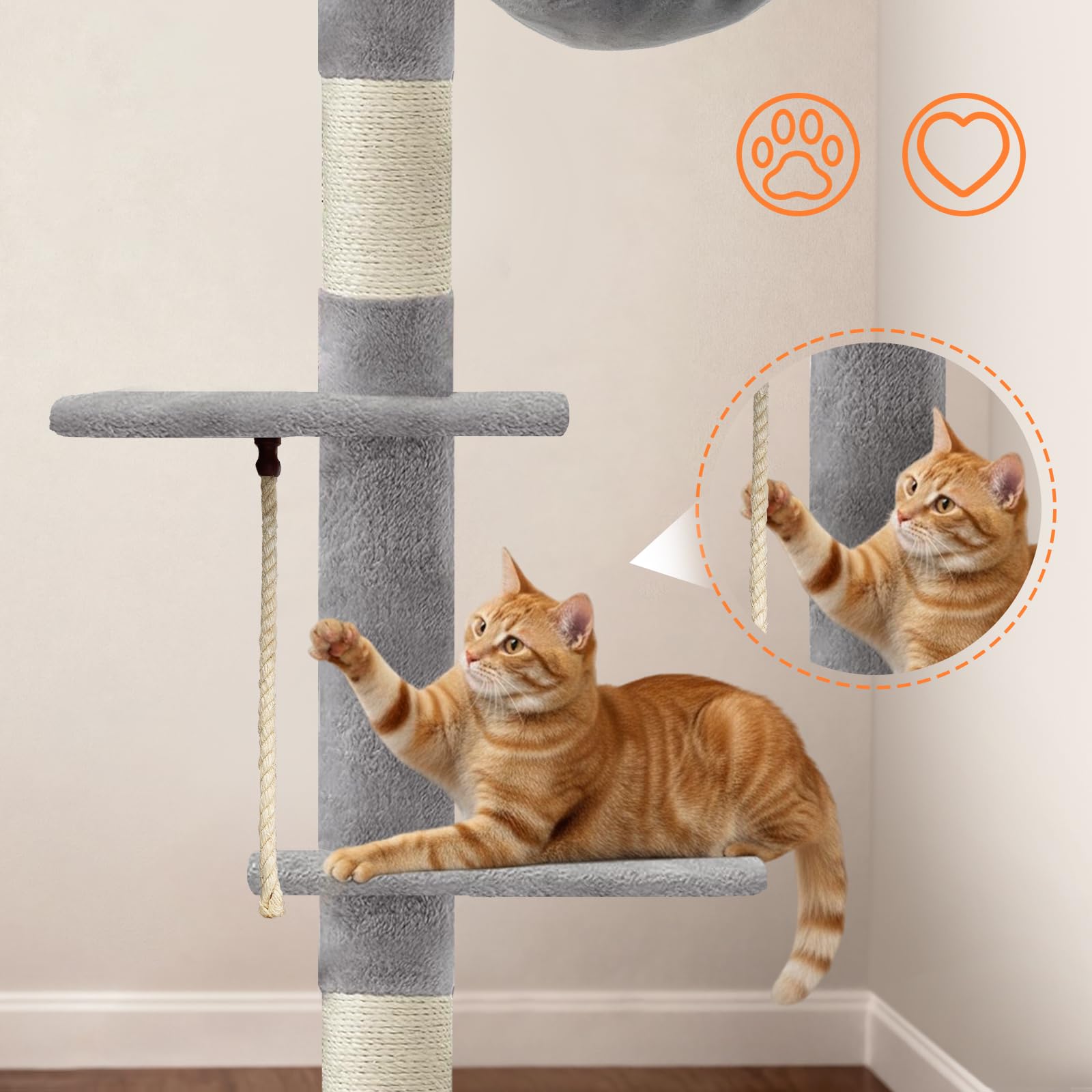 Cat Tree 5-Tier Floor to Ceiling Cat Tower with Cozy Hammock, 89-109 Inch Adjustable Height, Sisal Scratching Post, Provides Vertical Enrichment for Jumping & Climbing, Grey — view 4