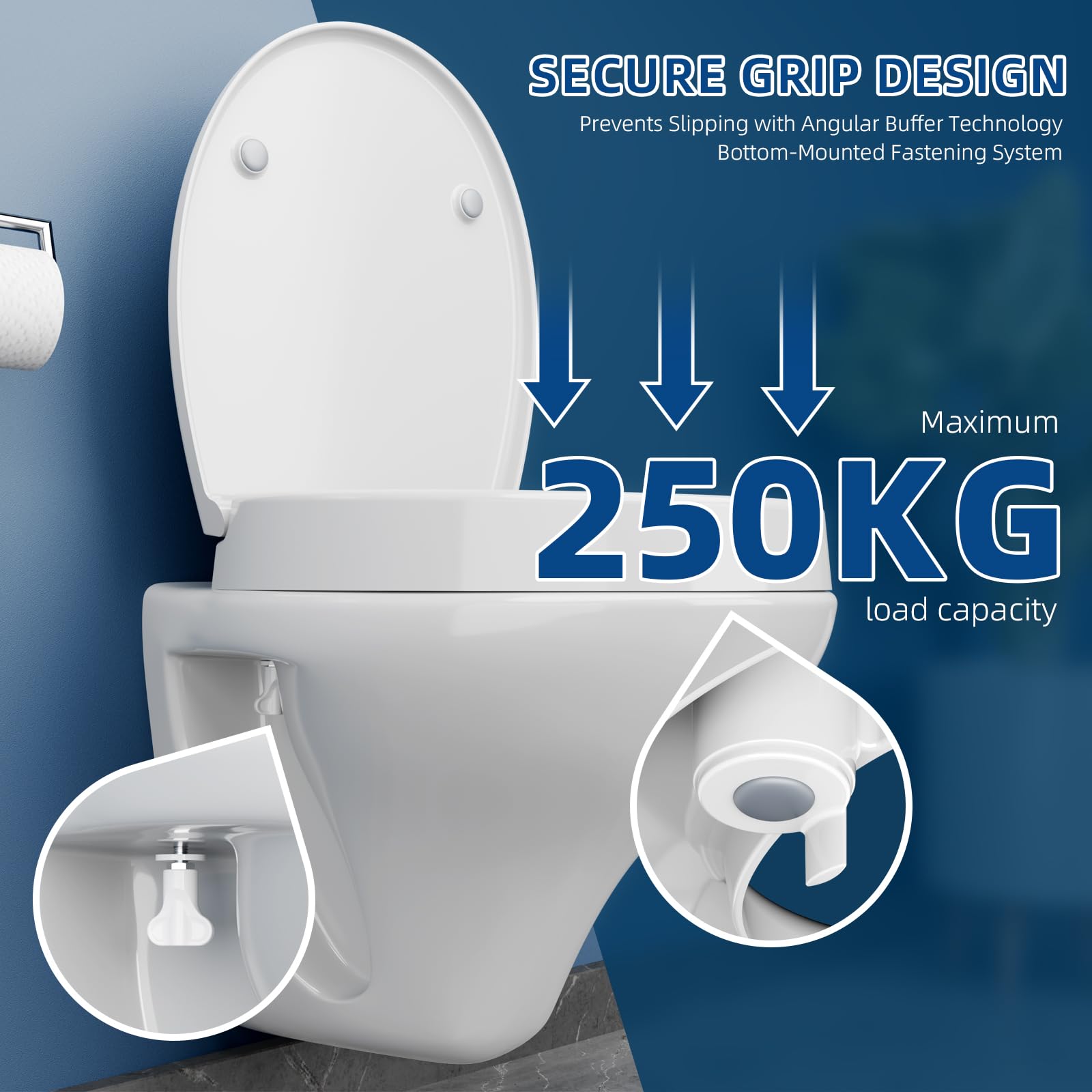 Rialzo sedile WC 7,5 cm in Duroplast – Sedile WC rialzato per una seduta comoda con abbassamento automatico – Portata fino a 250 kg, bianco (fissaggio inferiore)
