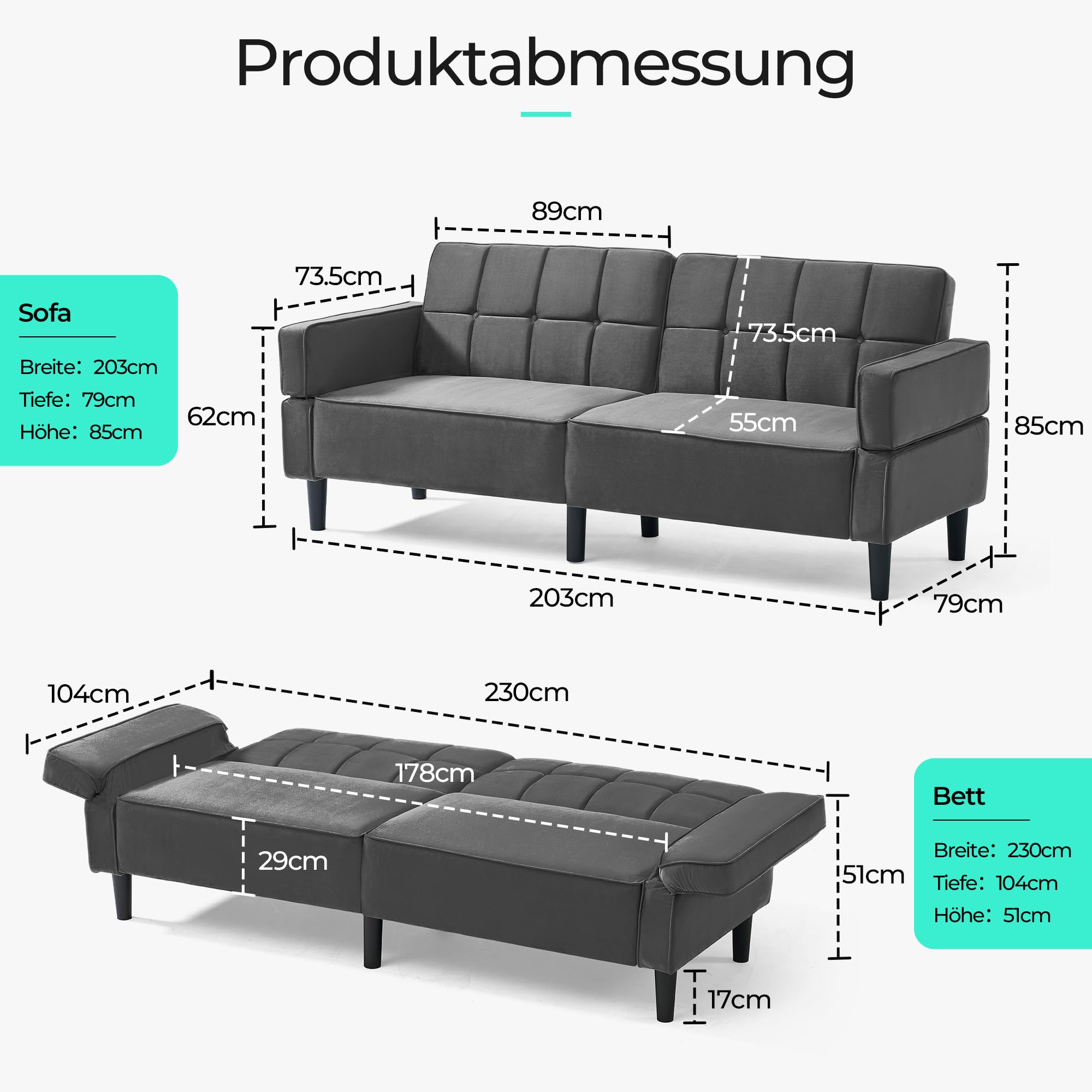 LINSY HOME Sofa mit Schlaffunktion, Klappsofa Sofa 3 Sitzer, Schlafsofa mit Verstellbarer Rückenlehne Armlehnen, 3 Sitzer Sofa mit Bettfunktion aus Samtstoff (Grau)