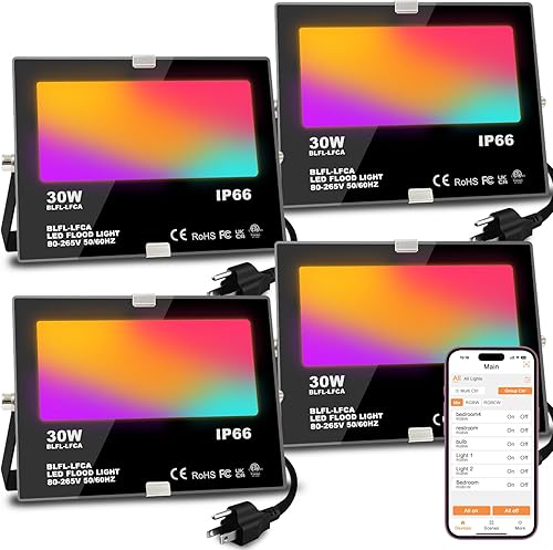 Luz de inundación LED para exteriores de 30 W, equivalente a 3000 W, 3000 W, iluminación inteligente RGB de paisaje con control de aplicación,