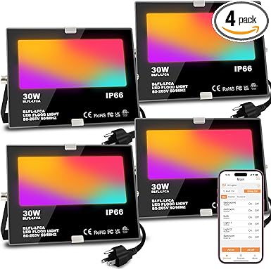 LED Flood Light Outdoor 30W, 300W Equivalent 3000LM Smart RGB Landscape Lighting with APP Control, DIY Scenes -Timing - Warm White 2700K -Color Changing Uplight, IP66, US Plug, No Remote MELPO(4 Pack)