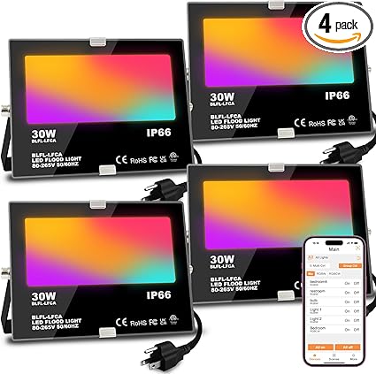LED Flood Light Outdoor 30W, 300W Equivalent 3000LM Smart RGB Landscape Lighting with APP Control, DIY Scenes -Timing - Warm White 2700K -Color Changing Uplight, IP66, US Plug, No Remote MELPO(4 Pack)