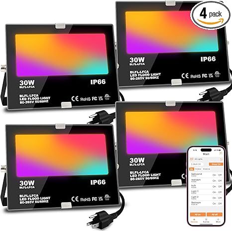 LED Flood Light Outdoor 30W, 300W Equivalent 3000LM Smart RGB Landscape Lighting with APP Control, DIY Scenes -Timing - Warm White 2700K -Color Changing Uplight, IP66, US Plug, No Remote MELPO(4 Pack)