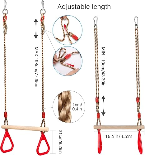 Miniatura 5 de PELLOR Juego de columpios de trapecio de madera para niños con anillos de gimnasio de plástico para diversión en interiores y exteriores Rojo
