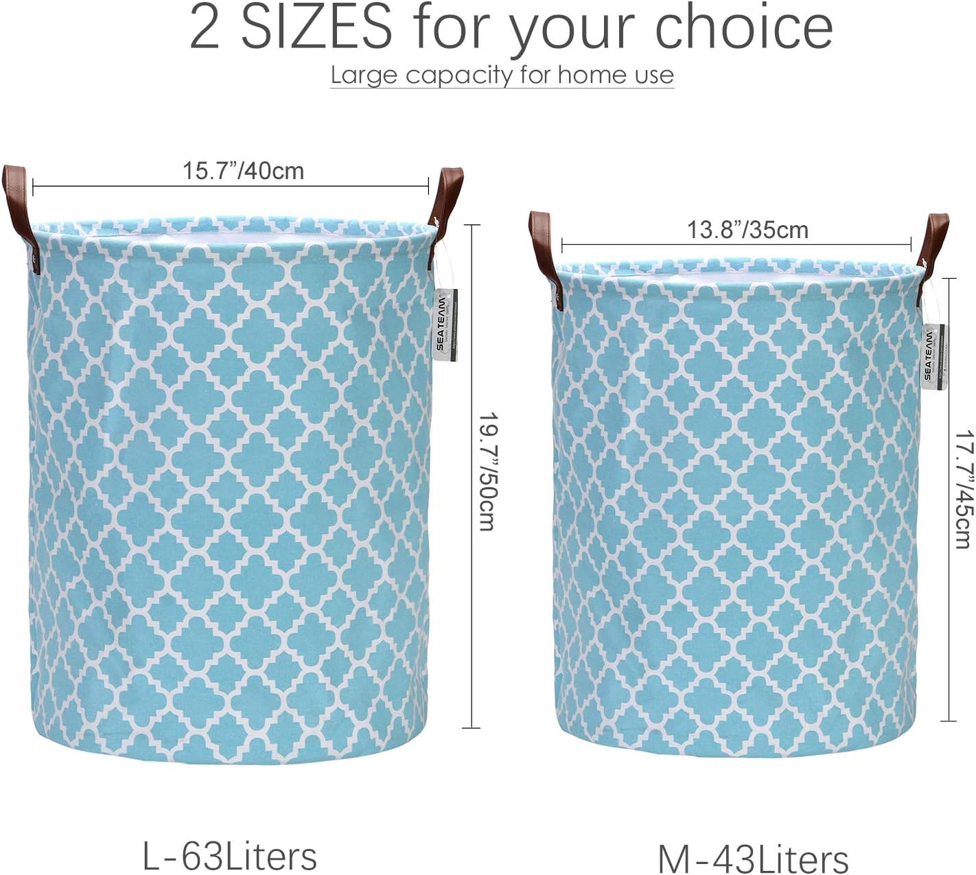 Sea Team Moroccan Lattice Pattern Laundry Hamper Canvas Fabric Laundry Basket Collapsible Storage Bin with PU Leather Handles and Drawstring Closure, 19.7 by 15.7 inches, Aqua