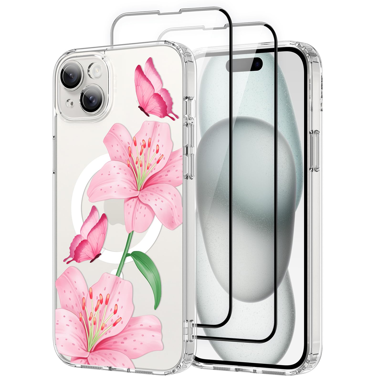 OOK Magnetic Case for iPhone 15 Plus Case Cute Flower Butterfly Design with 2 PCS Screen Protector [Compatible with MagSafe] for Girls Women Floral