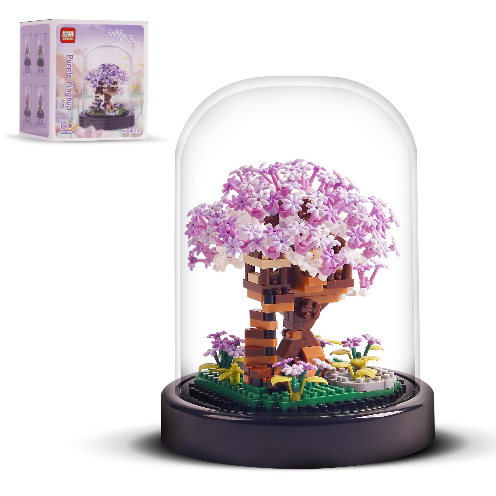 Purple Cherry Blossom Bonsai Tree Micro Building Blocks, Sakura Tree House DIY Architecture with a Ratatable Display Glass Cover,A Great Building Decoration for 6+ Boys or Girls