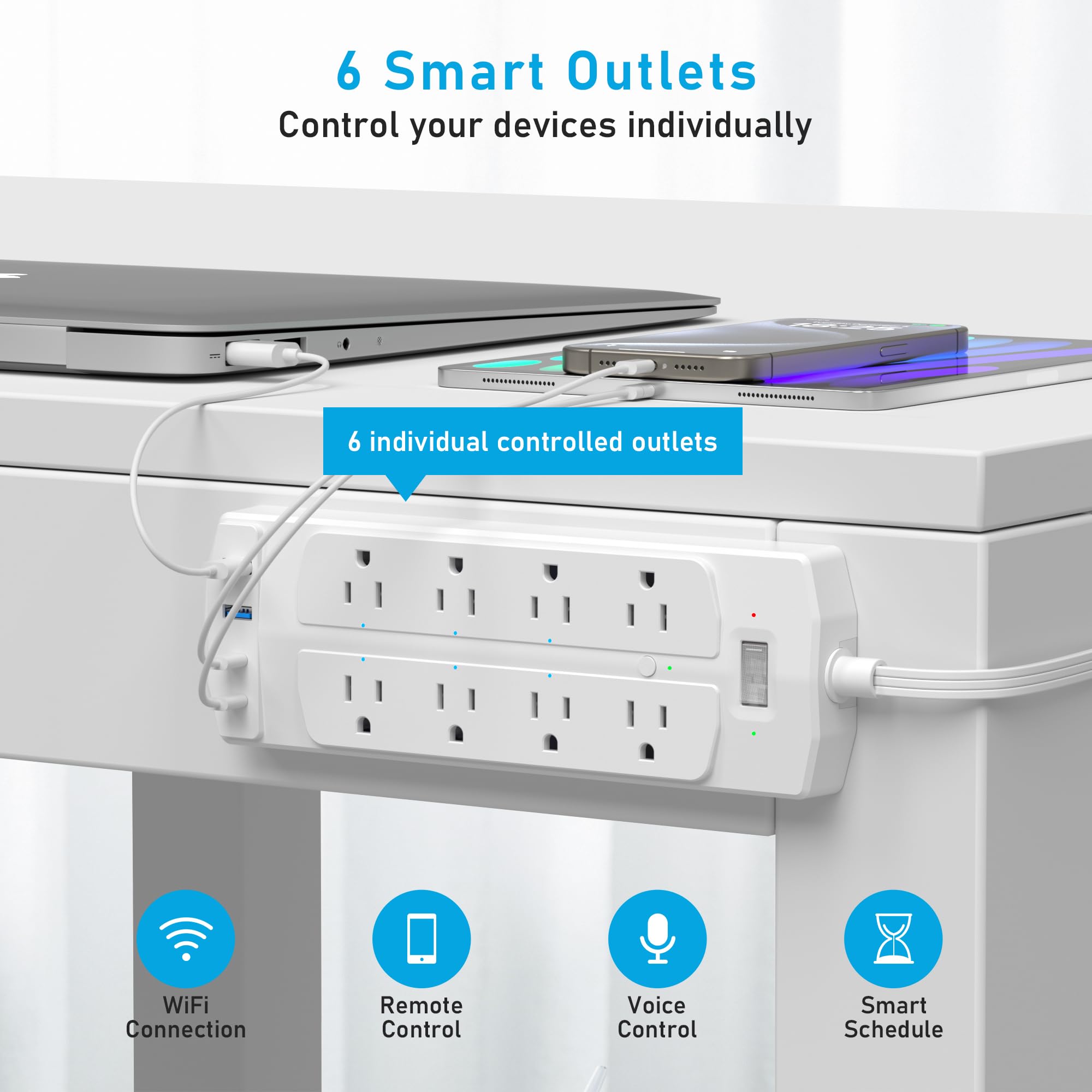 Yozisital - Regleta inteligente de 2 clavijas, adaptador de salida de 2 clavijas a 3 clavijas, protector de sobretensiones WiFi de 2000J, cable de extensión de enchufe plano de 5 pies con 8