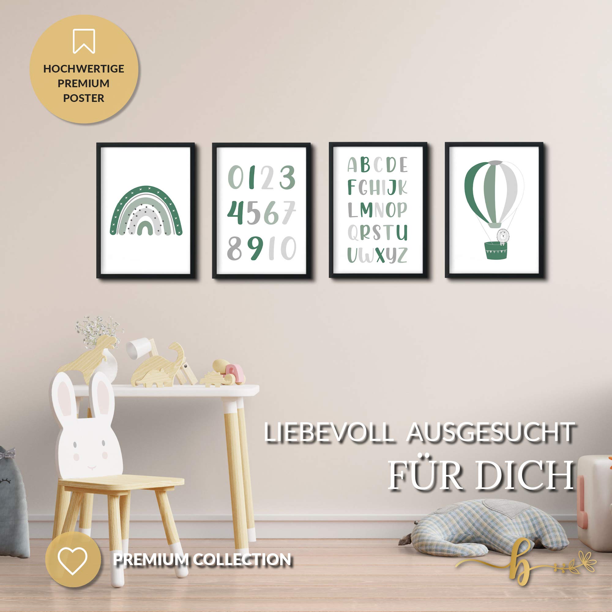 Lot de 4 posters décoratifs pour chambre d'enfant - Pour chambre de bébé garçon et fille - 4 images encadrées dans un cadre noir en bois - 4 x DIN A3 - « Alphabet vert »