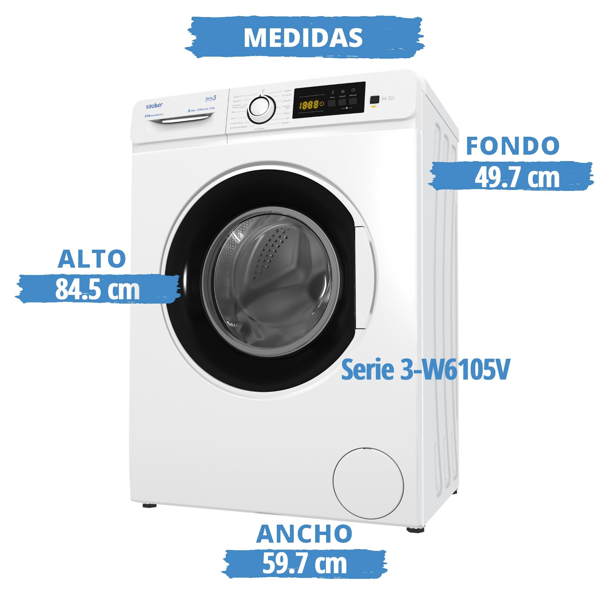 Sauber, Lavadora 6 Kg de carga frontal SERIE 3-W6105V, 1000 RPM, A, Programa Extra Rápido 15 minutos, 15 Programas, Detección de carga, Bajo Consumo, Color Blanco, CON INSTALACIÓN Y RETIRADA USADA