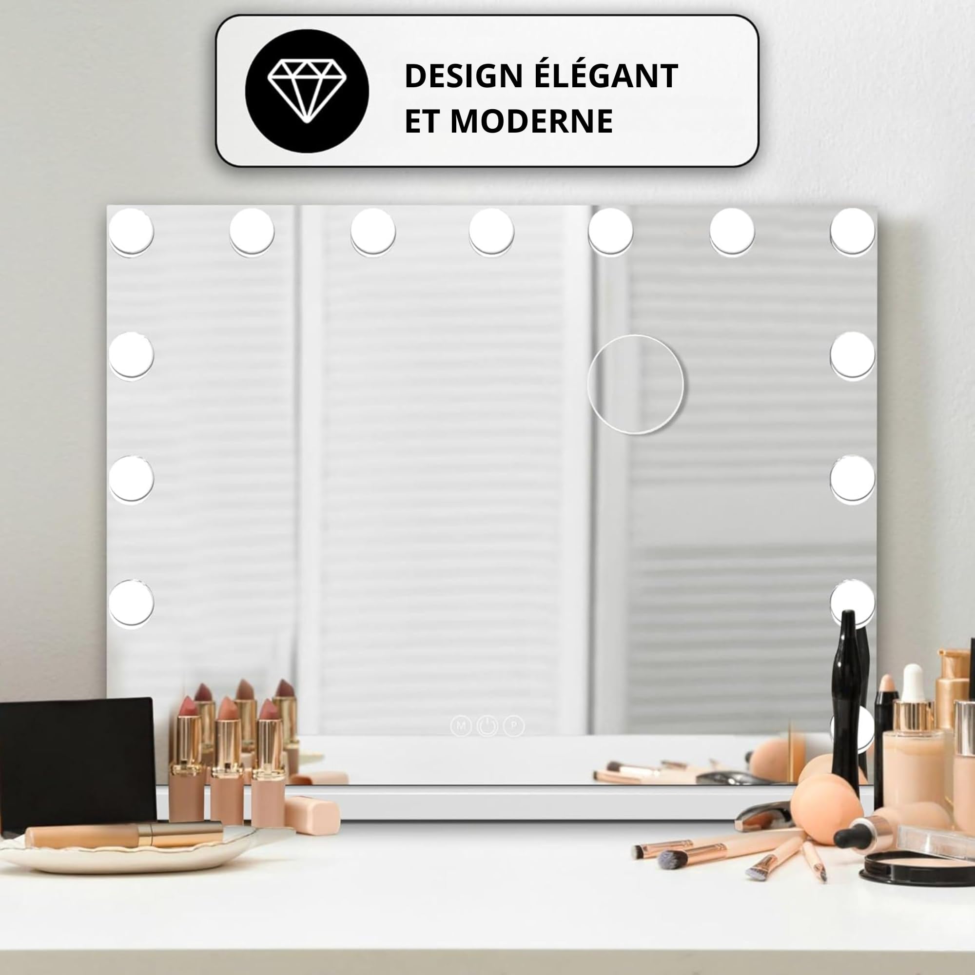 Bayt Miroir Coiffeuse Hollywood avec Bluetooth 58x46 cm – Miroir LED Maquillage Lumineux Connecté | Miroir Tactile Dimmable avec Miroir Grossissant 10x à Poser ou Mural pour Chambre et Salle de Bain