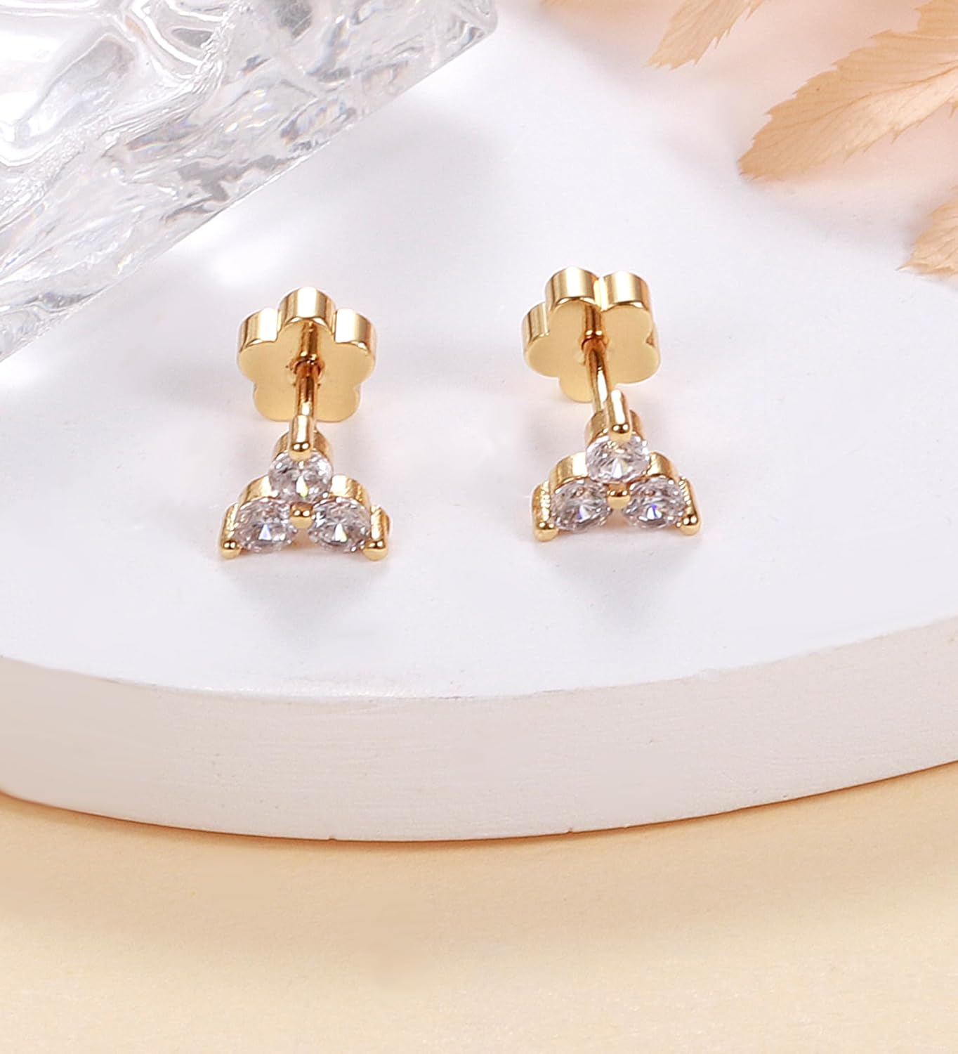Flat Back Stud Earrings for Girls Women 14K Gold Plated Cartilage Stud Earrings 20G Hypoallergenic Surgical Steel CZ Snake Flower Butterfly Screw Back Nap Earrings Studs - Image 4