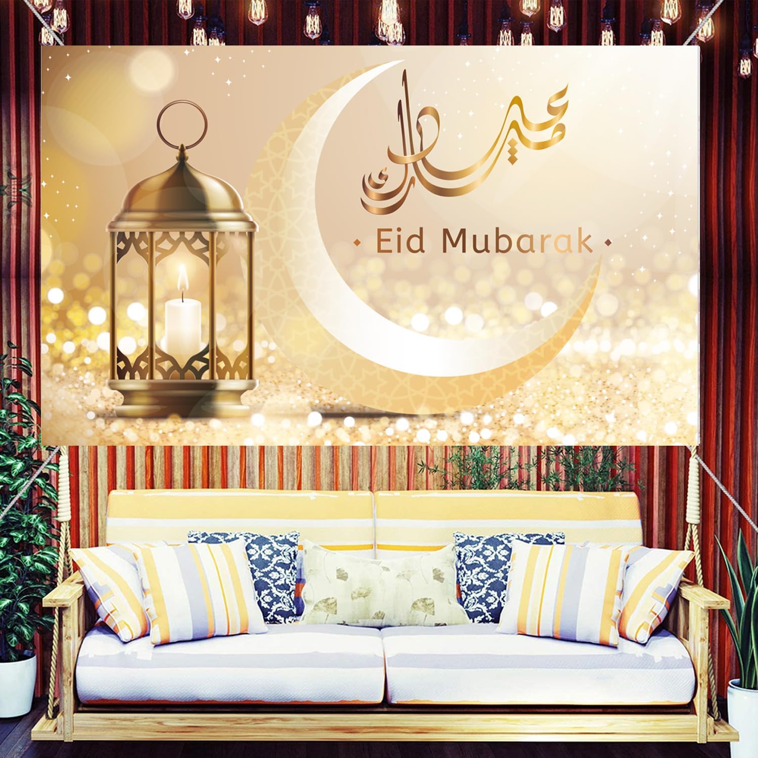 LOONELO Eid Mubarak Backdrop, Ramadan Kareem Polyester Large Banner 70.8" x 43.3", Muslim Arabic Islamic Crescent Moon Lantern Mosque Photography