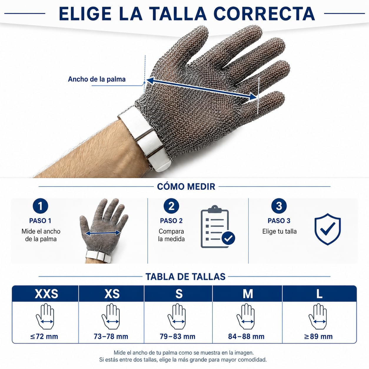 Guante Anticorte de Malla Acero Inoxidable, Guante Carnicero Reversible con Correa, Ambidiestro 5 Dedos, 5 Tallas XXS a L, Cocina Profesional Carnicería Pescadería (XS)