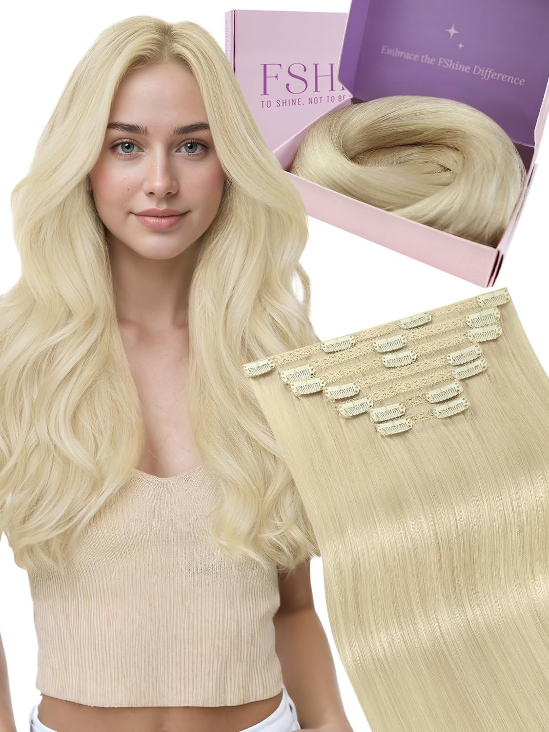 Fshine Clip Extensiones Humano 22 Pulgadas 55CM 120g Extensiones de Pelo Rubio Blanco Remy Hair Clip in Extensiones 7 Piezas Color 60 Extensiones de Cabello Natural Color 60