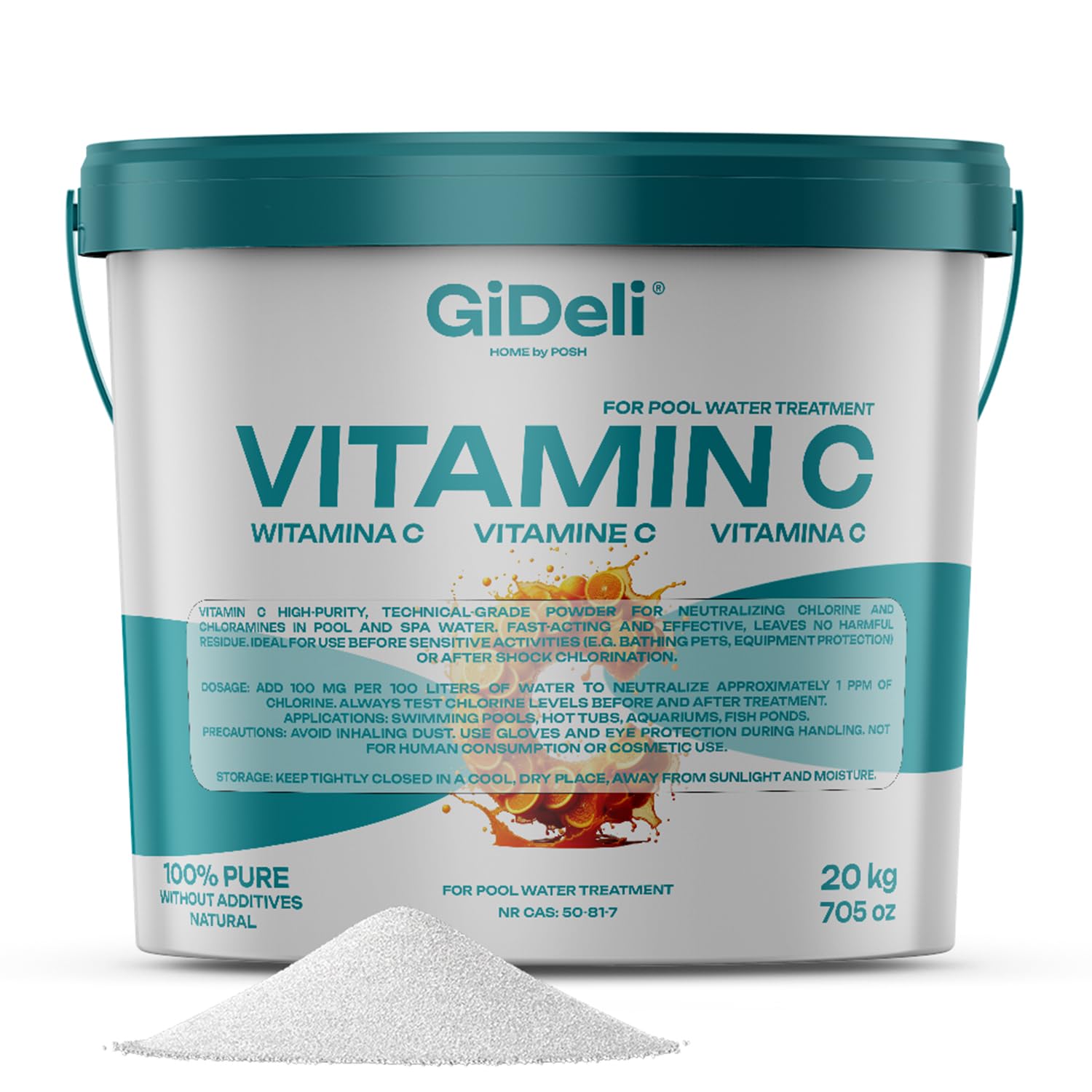 GiDeli Poudre de vitamine C, 20 kg, technique hautement purifiée pour neutralisation du chlore pour piscine, spa, jacuzzi, aquarium, eau de bassin