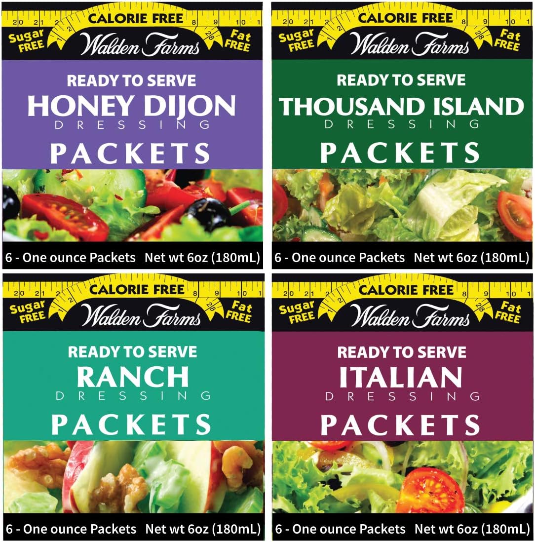Walden Farms On-the-Go Salad Dressing Packets - 24 Packets in Ready to Serve Calorie Free Packs, 6-1 oz Pouchesin Honey Dijon, Thousand Island, Ranch and Italian Flavors