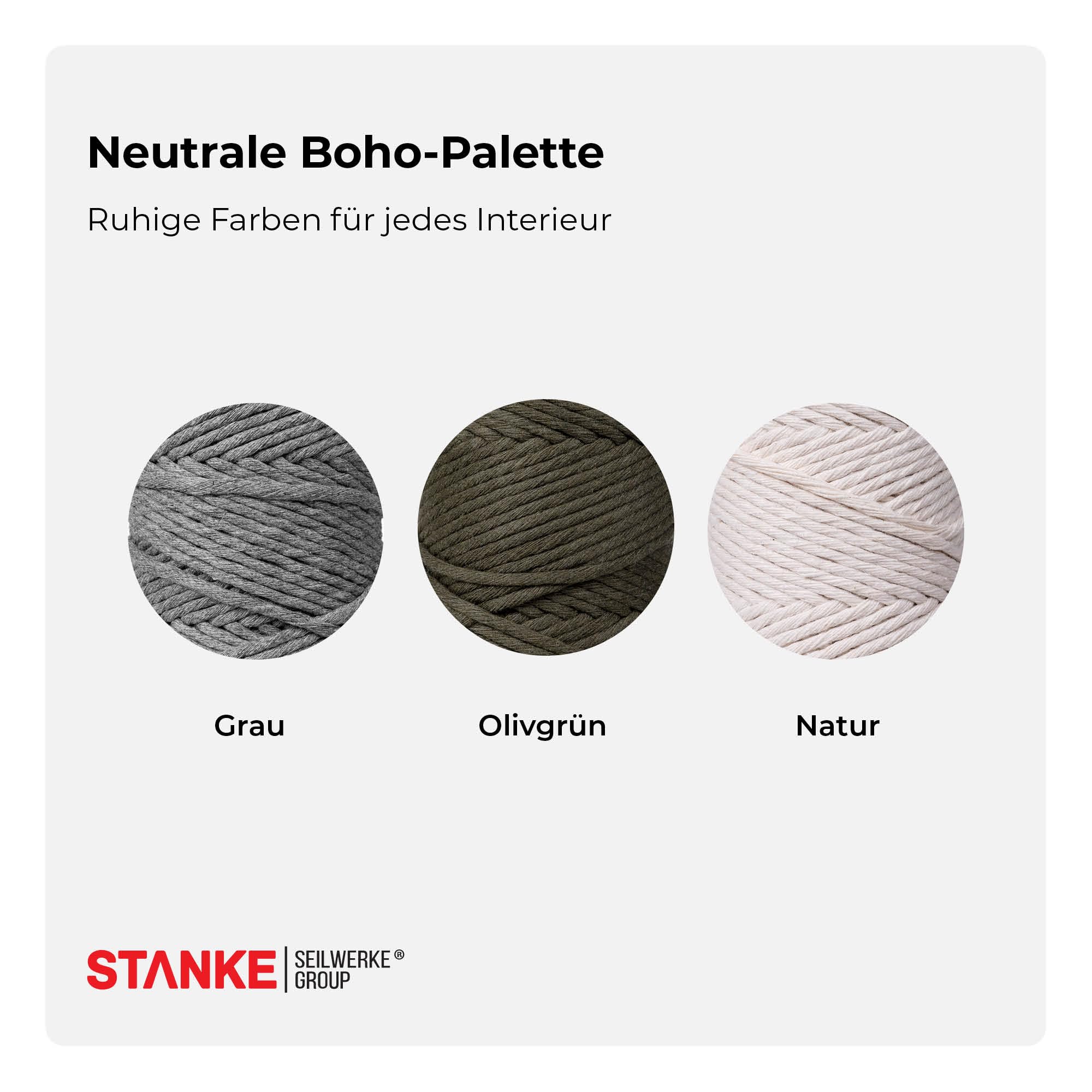 STANKE Makramee Garn 3mm Set 3x100 m - Farben: Natur, Grau, Olivgrün - Baumwollgarn für Boho-DIY, Körbchen, Traumfänger - Baumwollkordel für Untersetzer, Taschen - 100% Baumwolle, gedreht, weich